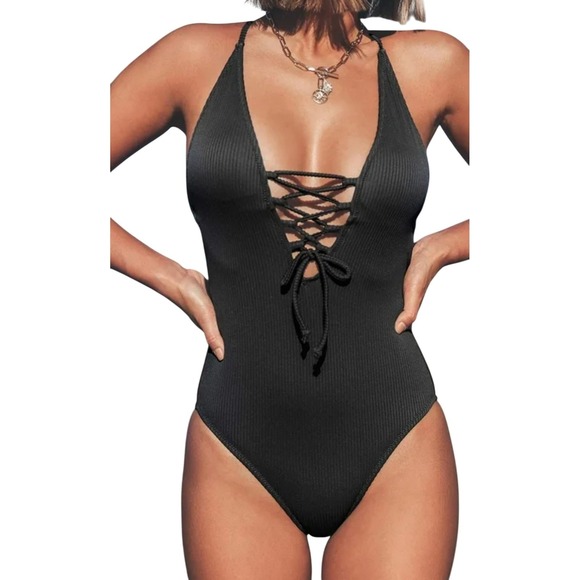 Cupshe -Black Ribbed Plunge Lace Up Criss Cross Back One Piece Swimsuit XL - Picture 1 of 4